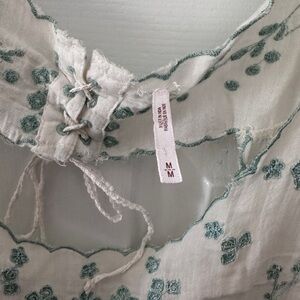 Free People White and Teal Embroidered Top